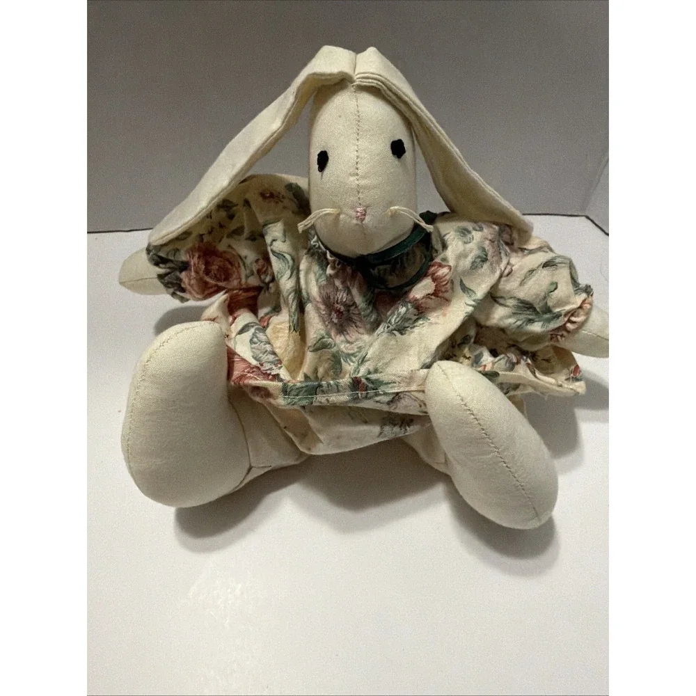 Vintage Handmade Cloth Bunny Rabbit Plush Floral Dress Primitive Cottagecore Toy